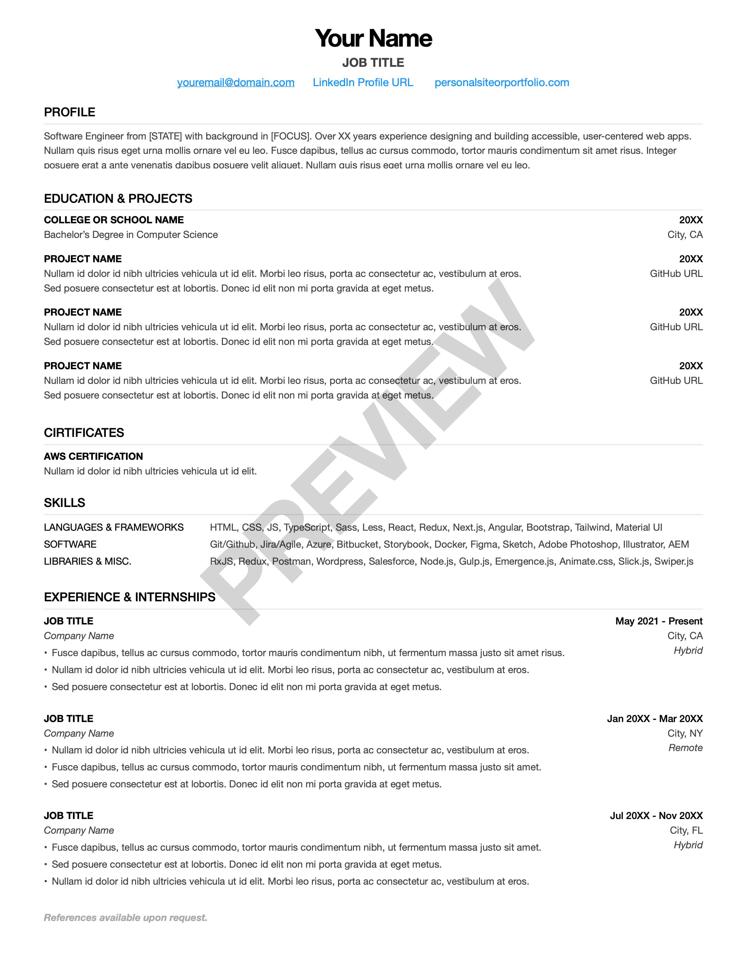 Junior clean modern sans-serif resume template preview