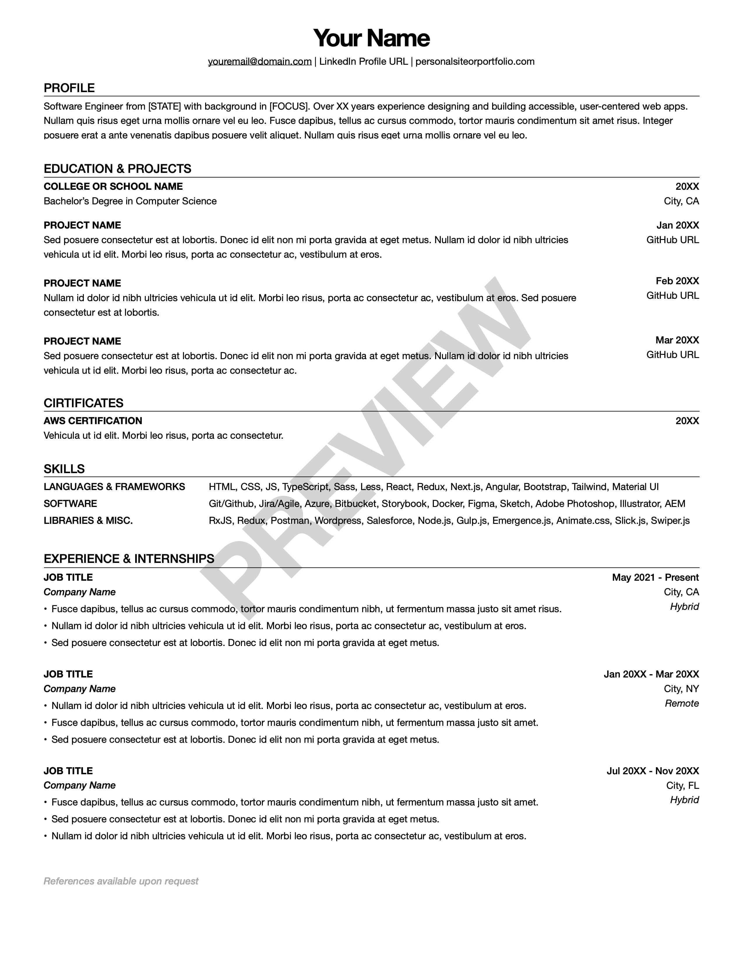 Junior Stanford Classic sans-serif resume template preview