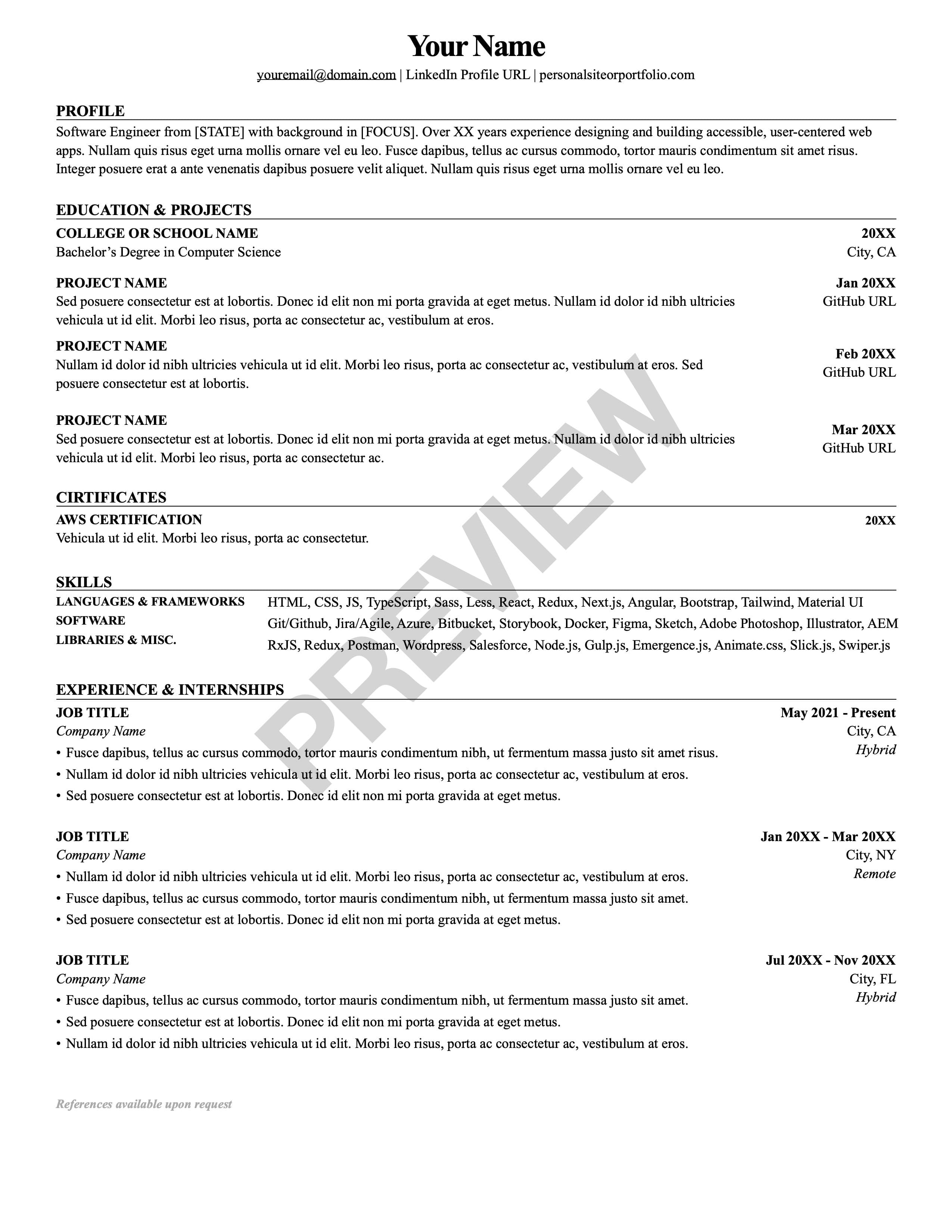 Junior Stanford Classic serif resume template preview