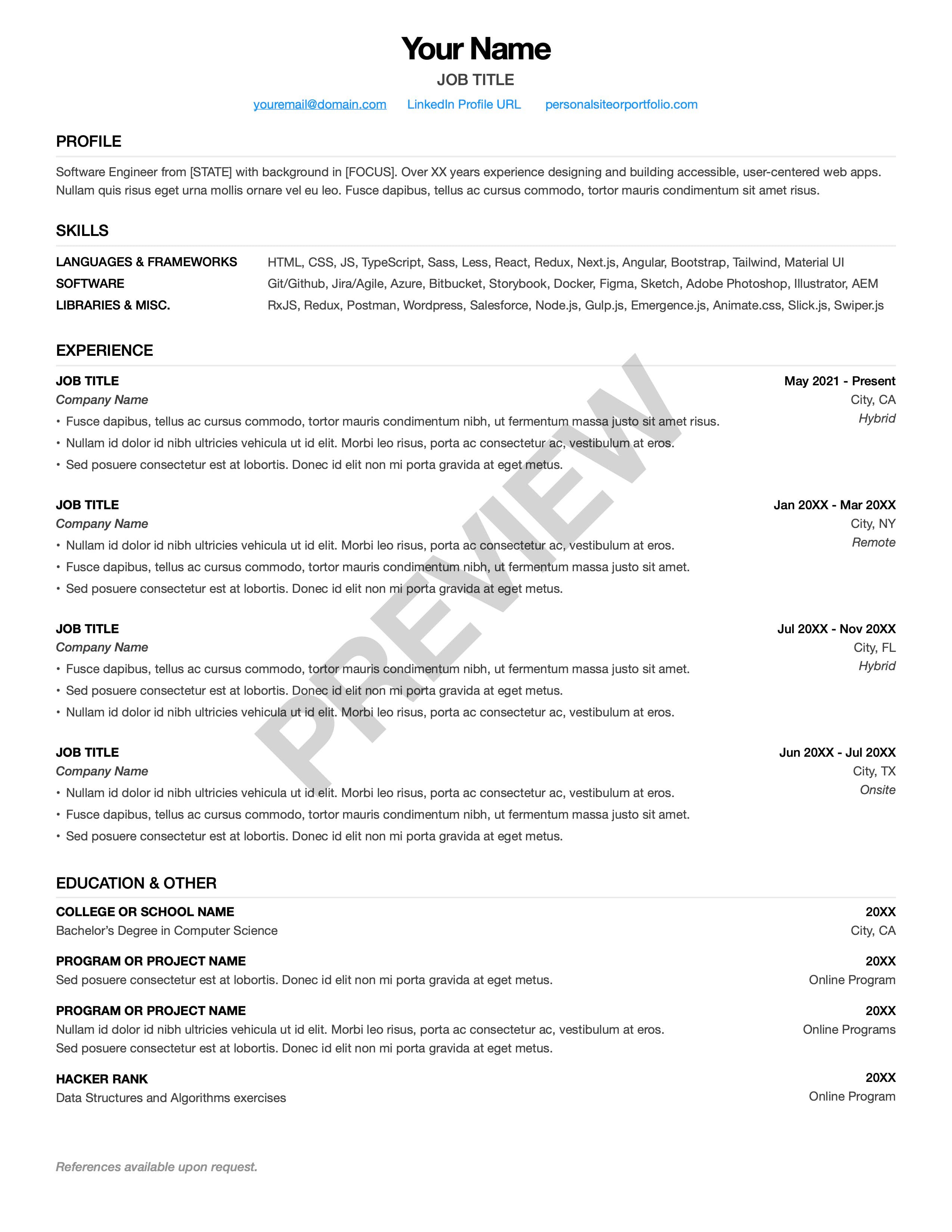 Senior clean modern sans-serif resume template preview