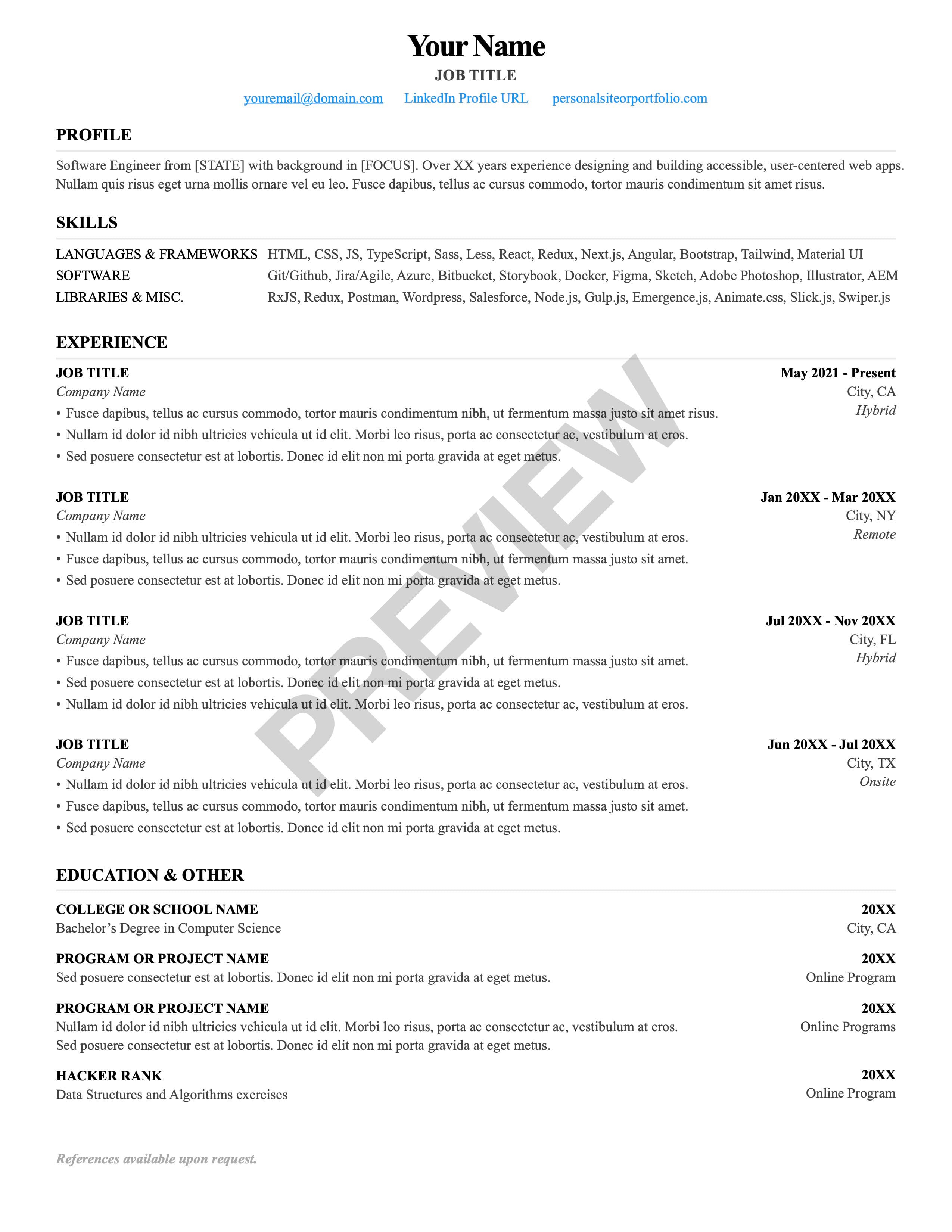 Senior clean modern serif resume template preview