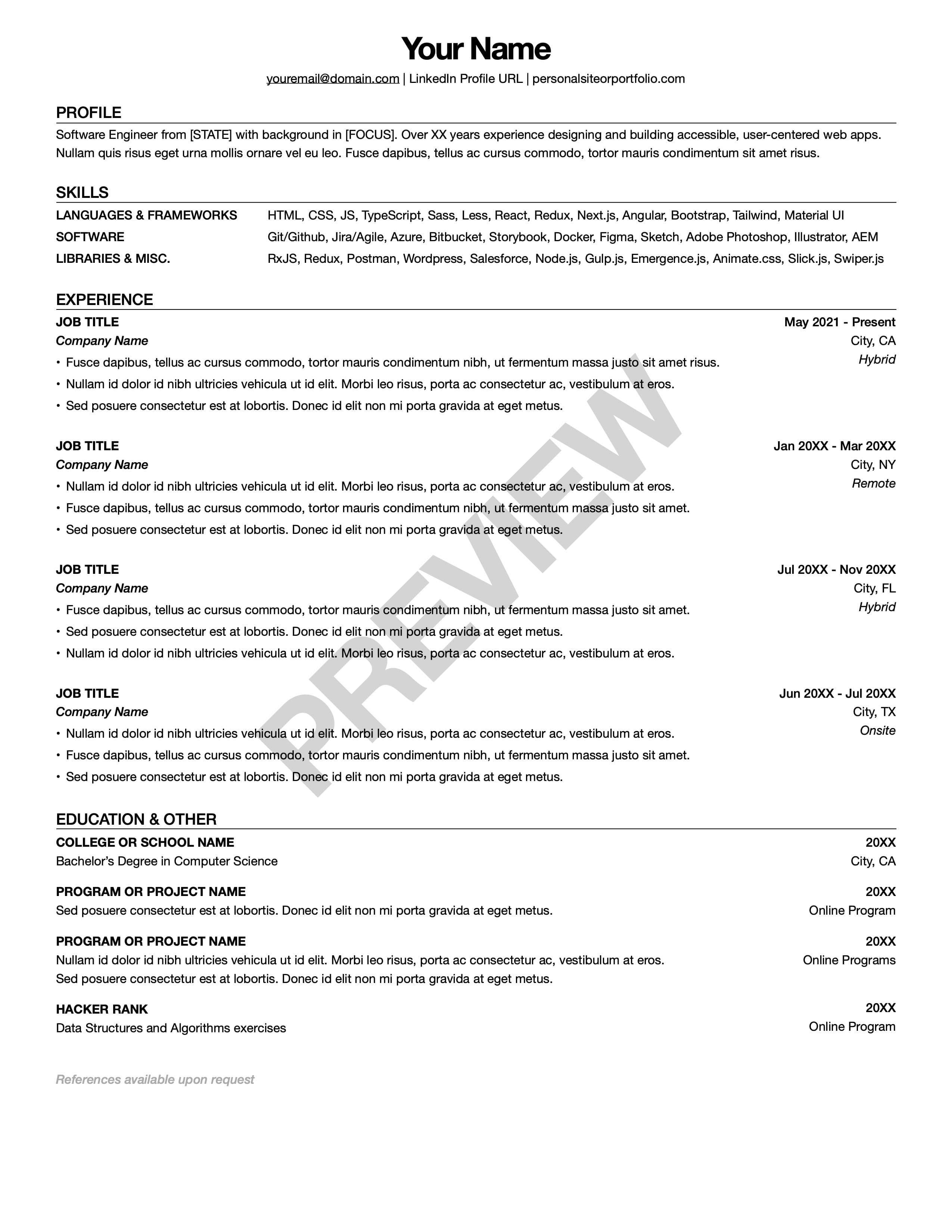 Senior Stanford Classic sans-serif resume template preview
