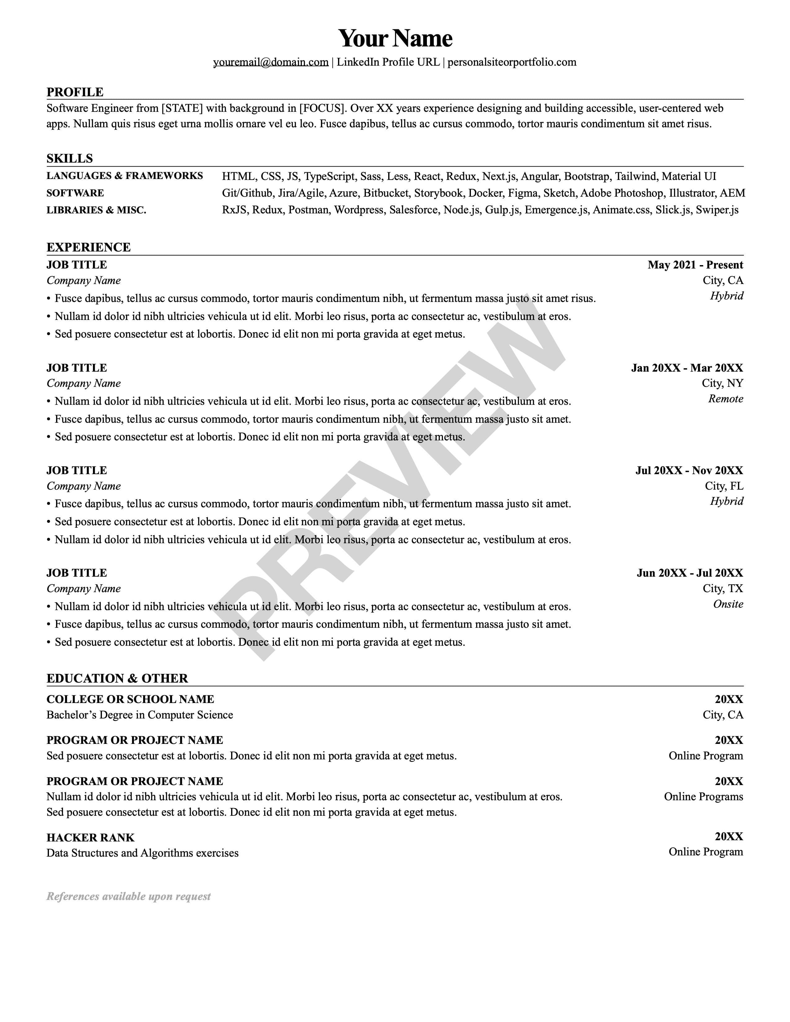 Senior Stanford Classic serif resume template preview